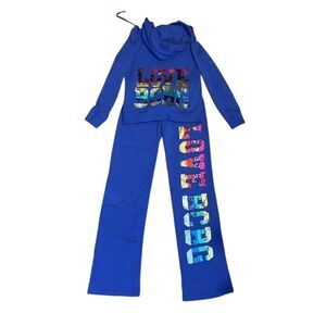 Y2K BCBG Tracksuit Womens Small Blue Rainbow Sequin Logo Hoodie Pants 2pc